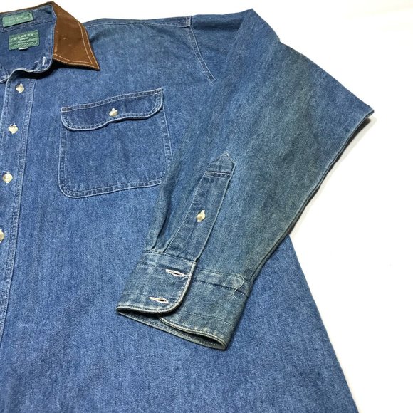 VTG Baxter Brand Workshop Denim Leather Collar Button Cotton Work Shirt Mens L - Picture 3 of 7
